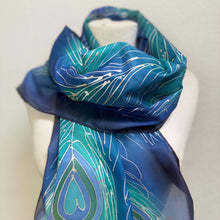Load image into Gallery viewer, Peacock Feathers Design Long Scarf : Hand Painted Silk in turquoise cobalt navy silver by Designer Silk Artist

