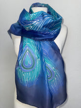 Load image into Gallery viewer, Peacock Feathers Design Long Scarf : Hand Painted Silk in turquoise cobalt navy silver by Designer Silk Artist
