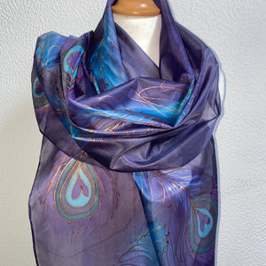 Peacock Feathers Design X Long Silk Scarf in Purple : Hand Painted Silk