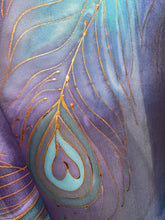 Load image into Gallery viewer, Peacock Feathers Design X Long Silk Scarf in Purple : Hand Painted Silk
