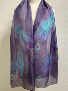 Peacock Feathers Design X Long Silk Scarf in Purple : Hand Painted Silk