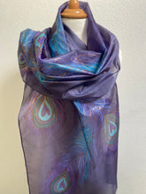 Load image into Gallery viewer, Peacock Feathers Design X Long Silk Scarf in Purple : Hand Painted Silk
