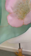 Load and play video in Gallery viewer, Poppies Design Long Scarf : Hand Painted Silk in Pink Light Emerald by Designer Silk Artist
