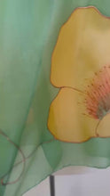 Load and play video in Gallery viewer, Poppies Design Long Scarf : Hand Painted Silk in melon yellow olive green copper by Designer Silk Artist
