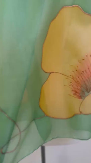 Poppies Design Long Scarf : Hand Painted Silk in melon yellow olive green copper by Designer Silk Artist