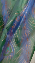 Load and play video in Gallery viewer, Peacock Feathers Design Hand Painted Silk Neck Scarf in Navy Green Copper
