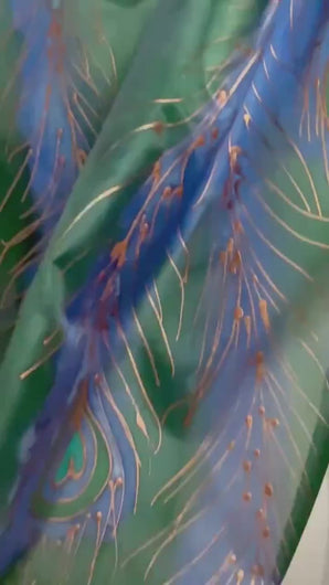 Peacock Feathers Design Hand Painted Silk Neck Scarf in Navy Green Copper
