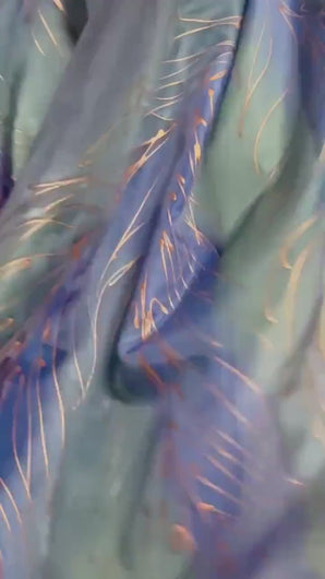 Peacock Feathers Design Long Scarf : Hand Painted Silk in Blues Navy Green Copper by Designer Silk Artist