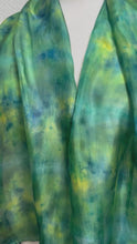Load and play video in Gallery viewer, Hand Dyed Silk Neck Scarf in Teal Green Lime Lemon by Designer Silk Artist
