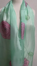 Load and play video in Gallery viewer, Roses Design X Long Silk Scarf in Pink &amp; Mint : Hand Painted Silk
