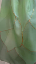 Load and play video in Gallery viewer, Flames Design Long Scarf in Shades of Olive Green : Hand Painted Silk by Designer Silk Artist
