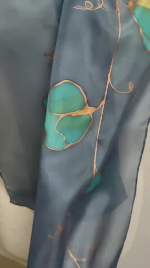 Sweet Peas Design Silk Neck Scarf in Navy Teal Copper by Designer Silk Artist