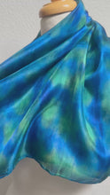 Load and play video in Gallery viewer, Hand Dyed Square Silk Scarf in Blues, Teal, Cobalt, Azure, Jade
