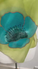 Load and play video in Gallery viewer, Poppies Design Long Scarf : Hand Painted Silk in Chartreuse Turquoise Copper
