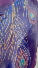 Load and play video in Gallery viewer, Peacock Feathers Design Long Scarf : Hand Painted Silk in Purple Navy Gold by Designer Silk Artist
