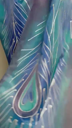 Peacock Feathers Design Hand Painted Silk Neck Scarf in Blue Purple Silver