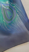 Load and play video in Gallery viewer, Peacock Feathers Design Long Scarf : Hand Painted Silk in turquoise cobalt navy silver by Designer Silk Artist
