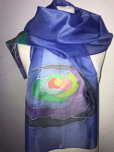 Popart Roses Design Silk Scarf in Blue Hand Painted Silk by Designer Silk