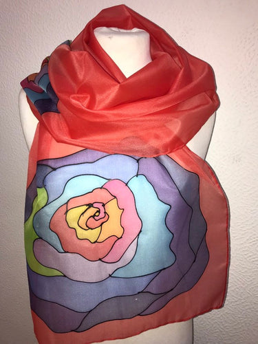 Popart Roses Design Long Silk Scarf in Red Hand Painted Silk by Designer Silk