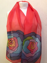 Load image into Gallery viewer, Popart Roses Design Long Silk Scarf in Red Hand Painted Silk by Designer Silk
