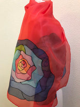 Load image into Gallery viewer, Popart Roses Design Long Silk Scarf in Red Hand Painted Silk by Designer Silk
