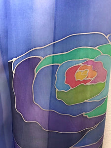 Popart Roses Design Silk Scarf in Blue Hand Painted Silk by Designer Silk