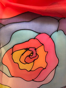 Popart Roses Design Long Silk Scarf in Red Hand Painted Silk by Designer Silk