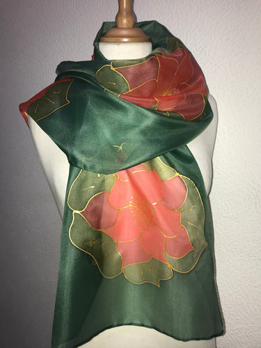 Poinsettia Long Scarf in Red & Green Hand Painted by Designer Silk