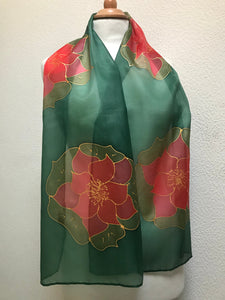 Poinsettia Long Scarf in Red & Green Hand Painted by Designer Silk