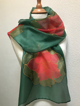 Load image into Gallery viewer, Poinsettia Long Scarf in Red &amp; Green Hand Painted by Designer Silk
