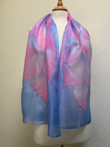 Flames Design Long Scarf in opal shades of pink, lilac and pale blue Hand Painted Silk by Designer Silk