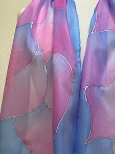 Flames Design Long Scarf in opal shades of pink, lilac and pale blue Hand Painted Silk by Designer Silk