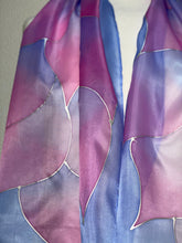 Load image into Gallery viewer, Flames Design Long Scarf in opal shades of pink, lilac and pale blue Hand Painted Silk by Designer Silk
