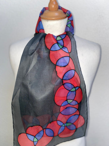 Bubbles Hand Painted Silk Neck Scarf in Red and Black