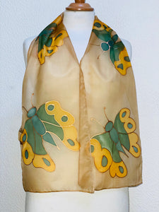Butterflies Hand Painted Silk Neck Scarf in Beige and Green
