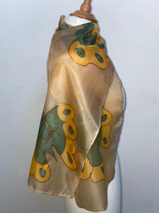 Butterflies Hand Painted Silk Neck Scarf in Beige and Green