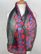Load image into Gallery viewer, Bubbles Hand Painted Silk Neck Scarf in Red and Black
