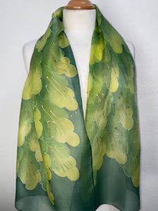 Long Silk Scarf, Leaves Design in Greens : Hand Painted Silk by Designer Silk