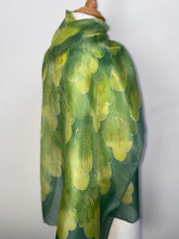 Load image into Gallery viewer, Long Silk Scarf, Leaves Design in Greens : Hand Painted Silk by Designer Silk
