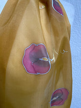 Load image into Gallery viewer, Sweet Peas Design Silk Long Scarf in Ochre and Cranberry Red Hand Painted by Designer Silk 144 x 40 cm
