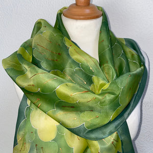 Long Silk Scarf, Leaves Design in Greens : Hand Painted Silk by Designer Silk
