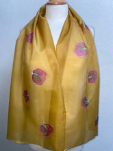 Load image into Gallery viewer, Sweet Peas Design Silk Long Scarf in Ochre and Cranberry Red Hand Painted by Designer Silk 144 x 40 cm
