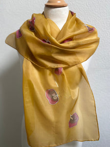 Sweet Peas Design Silk Long Scarf in Ochre and Cranberry Red Hand Painted by Designer Silk 144 x 40 cm