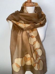 Bubbles Design Silk Long Scarf in Brown Hand Painted by Designer Silk 144 x 40 cm