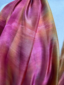 Soft Reds, Golden Ochre Painted & Dyed Long Silk Scarf by Designer Silk