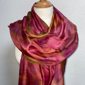 Soft Reds, Golden Ochre Painted & Dyed Long Silk Scarf by Designer Silk