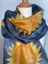 Load image into Gallery viewer, Sunflower Design Silk Long Scarf in Navy Blue Hand Painted by Designer Silk
