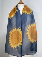 Load image into Gallery viewer, Sunflower Design Silk Long Scarf in Navy Blue Hand Painted by Designer Silk
