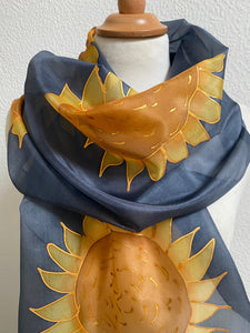 Sunflower Design Silk Long Scarf in Navy Blue Hand Painted by Designer Silk