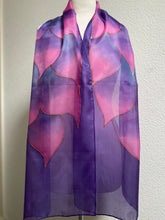 Load image into Gallery viewer, Flames Design X Long Silk Scarf in Purple and Pink Shades Hand Painted Silk by Designer Silk
